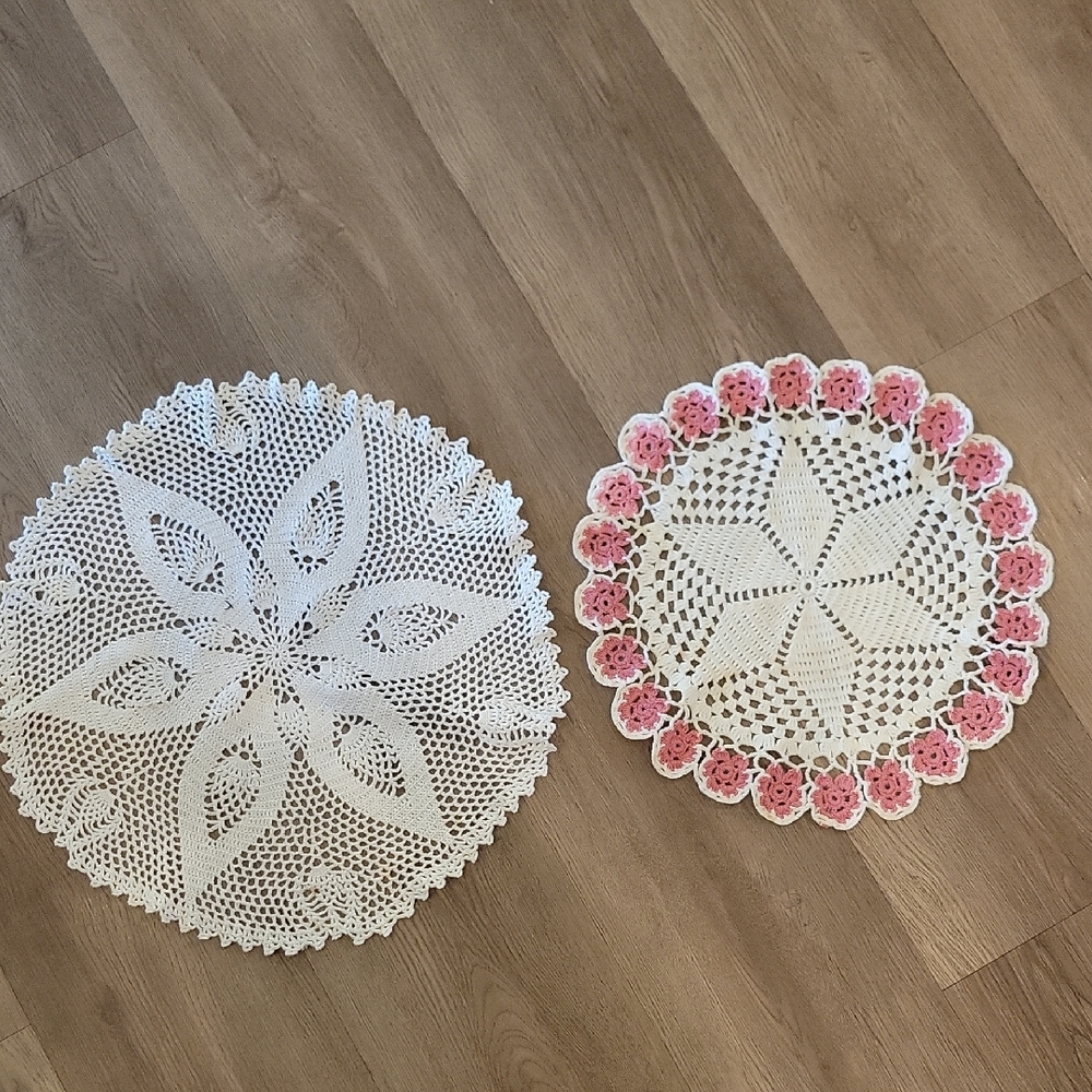 Vintage Crochet Doilies Set in White and Pink